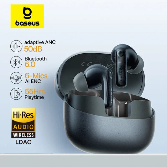 Baseus EP10 Pro ANC Wireless Earbuds – Bluetooth 6.0 Hi-Res Earphones with 6 Mics, 50dB Adaptive Noise Cancellation, LDAC, IP55