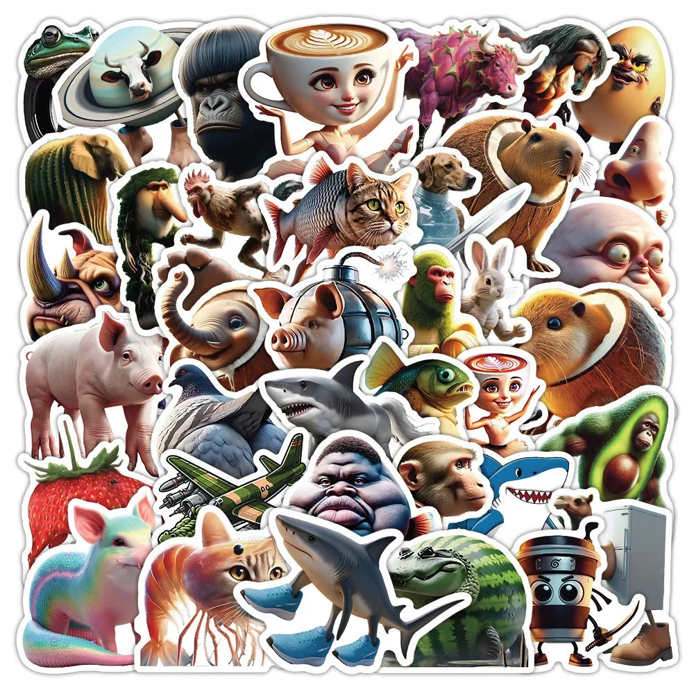 50Pcs Abstract Animal Stickers - Cartoon DIY Decals for Luggage, Phone, Cups, Guitar and More