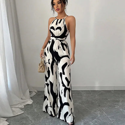 Summer Geometric Print Halter Neck Women’s Jumpsuit – Sexy Casual Party Romper Outfit for Women