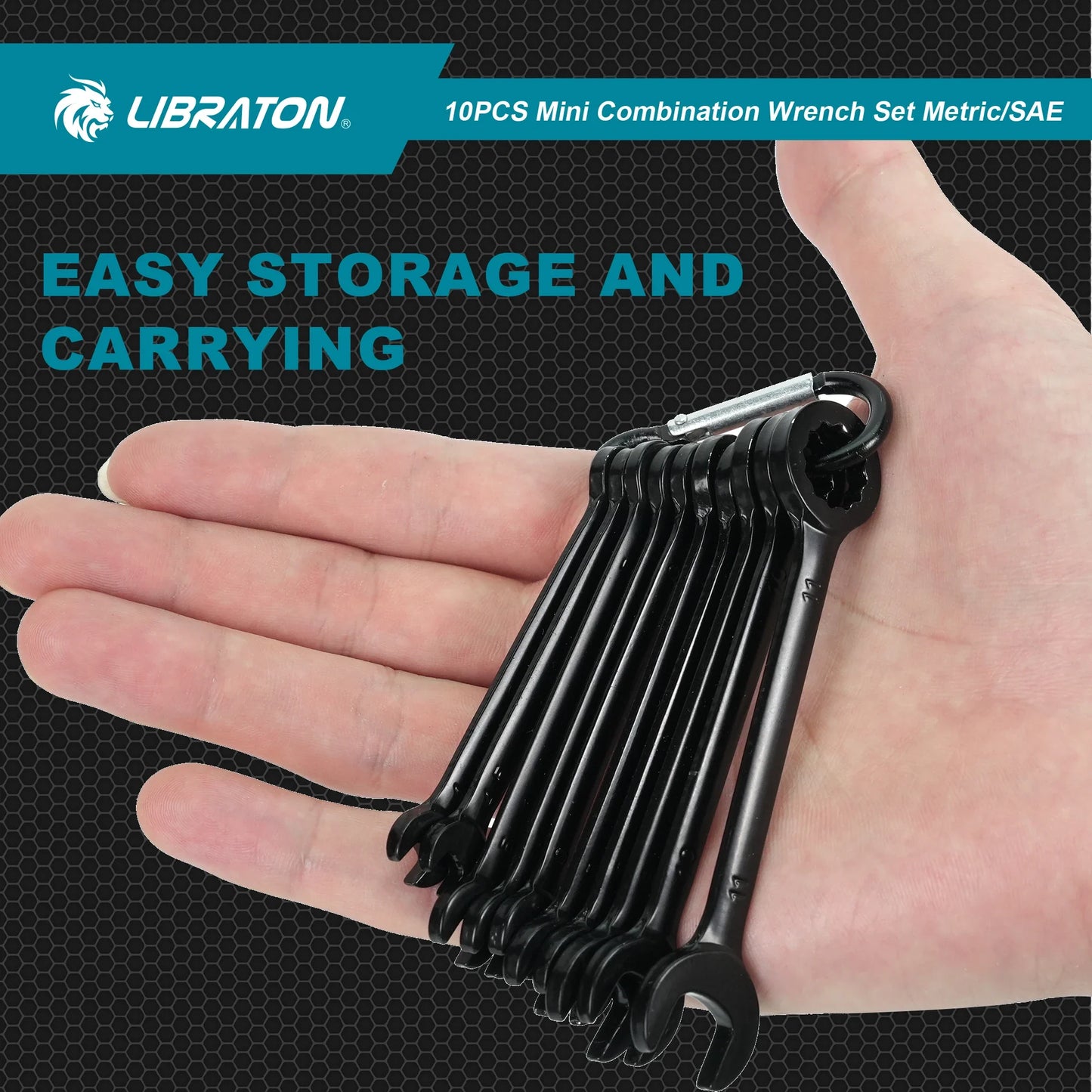 LIBRATON 10-Piece Mini Combination Wrench Set with Rolling Pouch – Metric & SAE Carbon Steel 4-11mm / 5/32"-7/16"