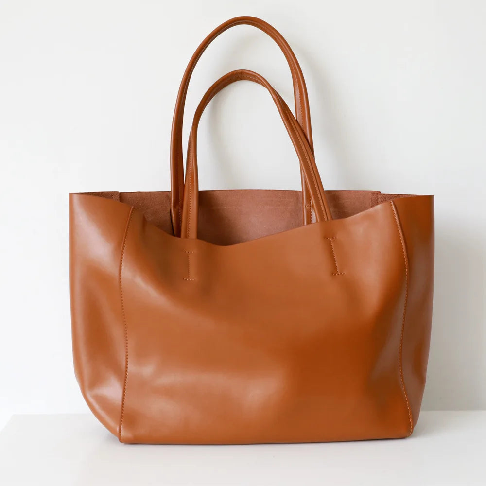 Customizable Name Large Capacity Commuter Bag – 100% Genuine Leather Soft Tote, Single Shoulder & Diagonal Shopping Bag