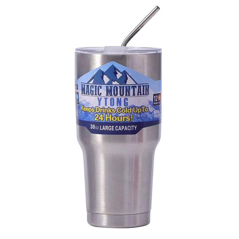 Magic Stainless Steel Thermos Cup with Straw – Vacuum Insulated Ice Coffee Travel Bottle for Car, Outdoor & Mountain Use