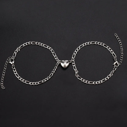 2-Piece Magnetic Couple Bracelet Set - Stainless Steel Heart Charm Cuban Chain Jewelry Gifts