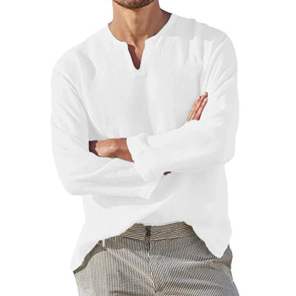 Men's Cotton Linen Shirt — Cozy Solid Color Long Sleeve V-Neck Casual Hawaiian Top, Lightweight & Breathable