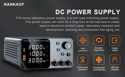 30V 10A Adjustable DC Lab Power Supply – 4-Digit LED Display, USB-A/Type-C 5V/3.6A Fast Charge with Encoder Control