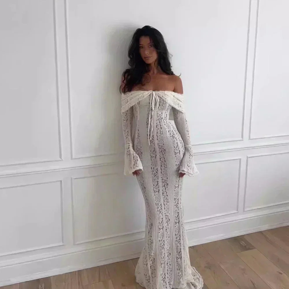 Suninheart White Off-Shoulder Bodycon Dress – 2025 Elegant Lace Long Sleeve Maxi Dress for Women, Wedding Guest Outfit