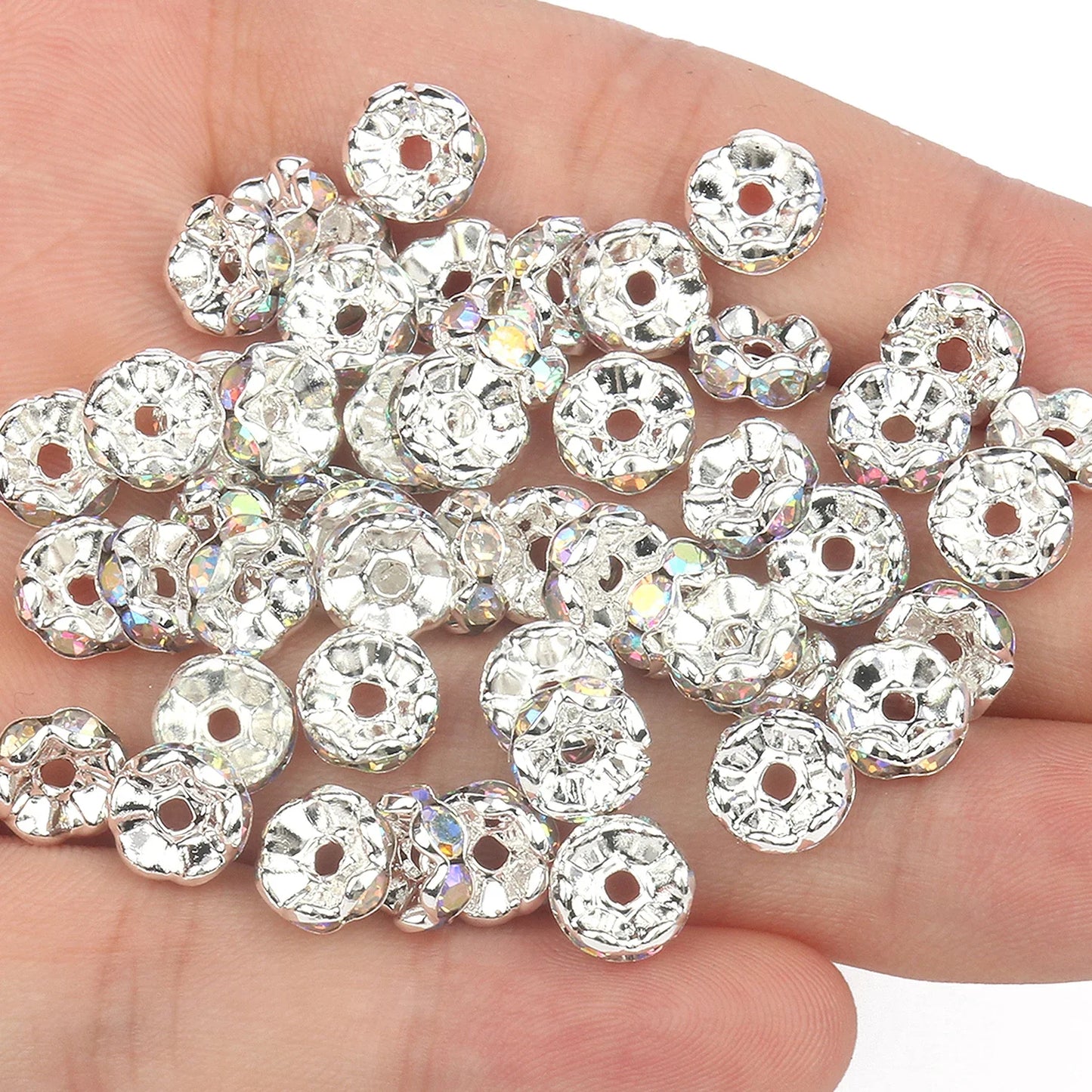50PCS Rhinestone Spacer Beads Set – Multi-Color Crystal Rondelle Metal Beads for DIY Jewelry & Bracelet Making