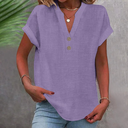 Women’s Summer Cotton Linen V-Neck Button Down Shirt – Breathable Casual Office Top in Solid Colors