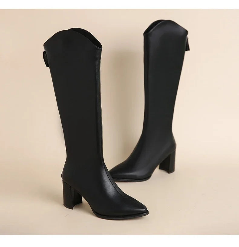 Plus Size 34-43 Women's Knee-High Boots – Zipper Thick High Heels for Autumn & Winter