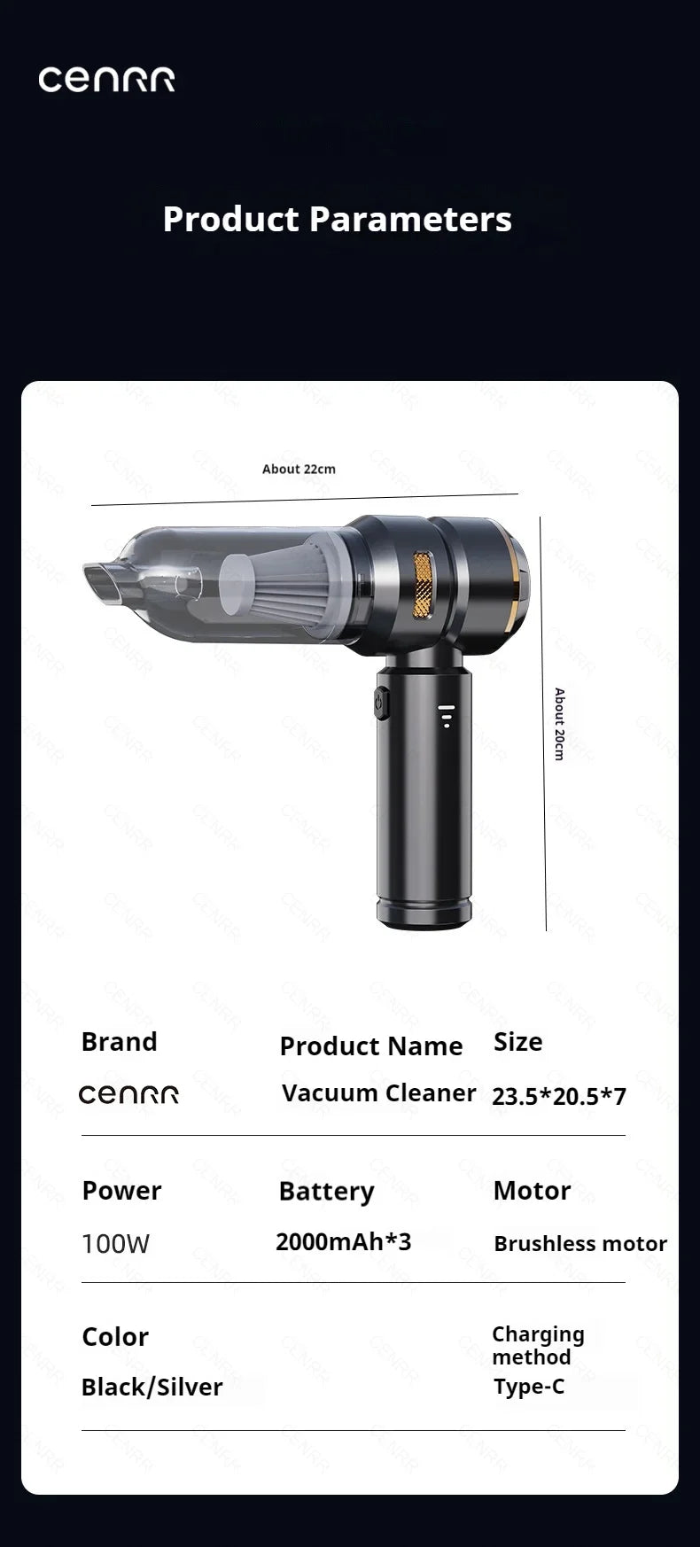 CENRR 998000PA Wireless Car Vacuum Cleaner – Powerful Portable Handheld Auto Cleaning Tool & Car Accessory