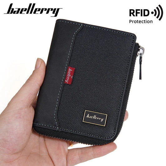 Baellerry RFID Short Men’s Wallet — Luxury Zipper Card Holder with Coin Pocket & Photo Slots