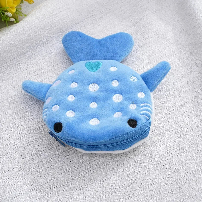 Cute Blue Shark Mini Coin Purse – Plush Zipper Wallet for Women, Key & Earphone Pouch