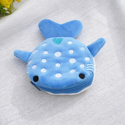 Cute Blue Shark Mini Coin Purse – Plush Zipper Wallet for Women, Key & Earphone Pouch
