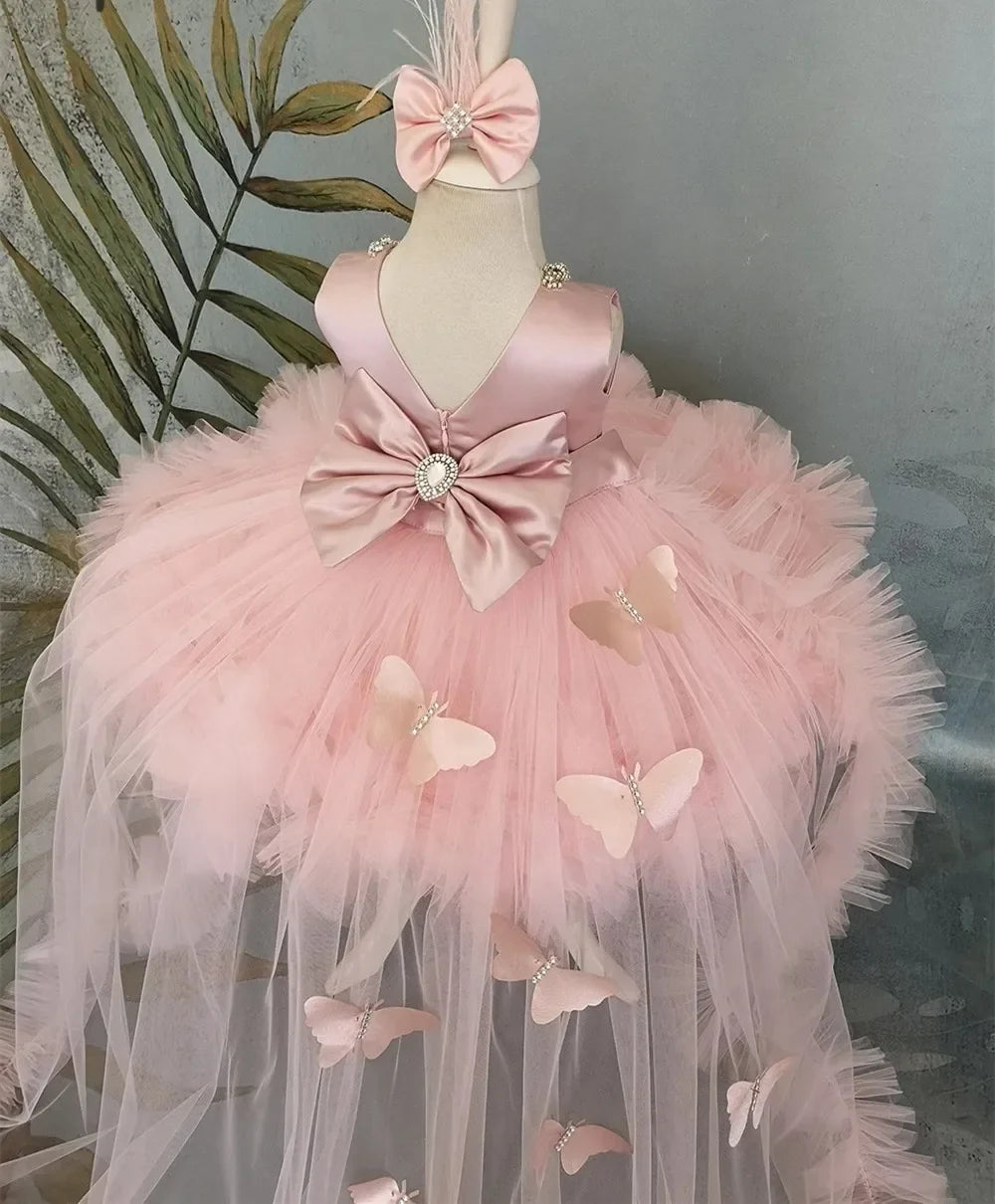 Pink Flower Girl Dress with Train - Puffy Bow Birthday and First Communion Dress