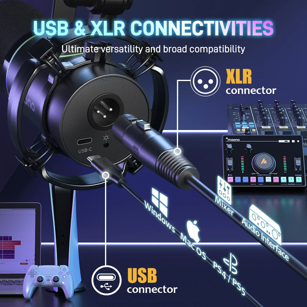 Maono PD200X XLR/USB Dynamic Microphone – Metal Gaming & Streaming Mic with Tap-to-Mute and Gain Control
