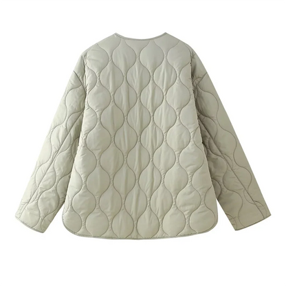 PB&ZA2024 Women's Autumn Cotton Jacket – Quilted Coat with Round Neck, Loose Fit & Pocket Decoration