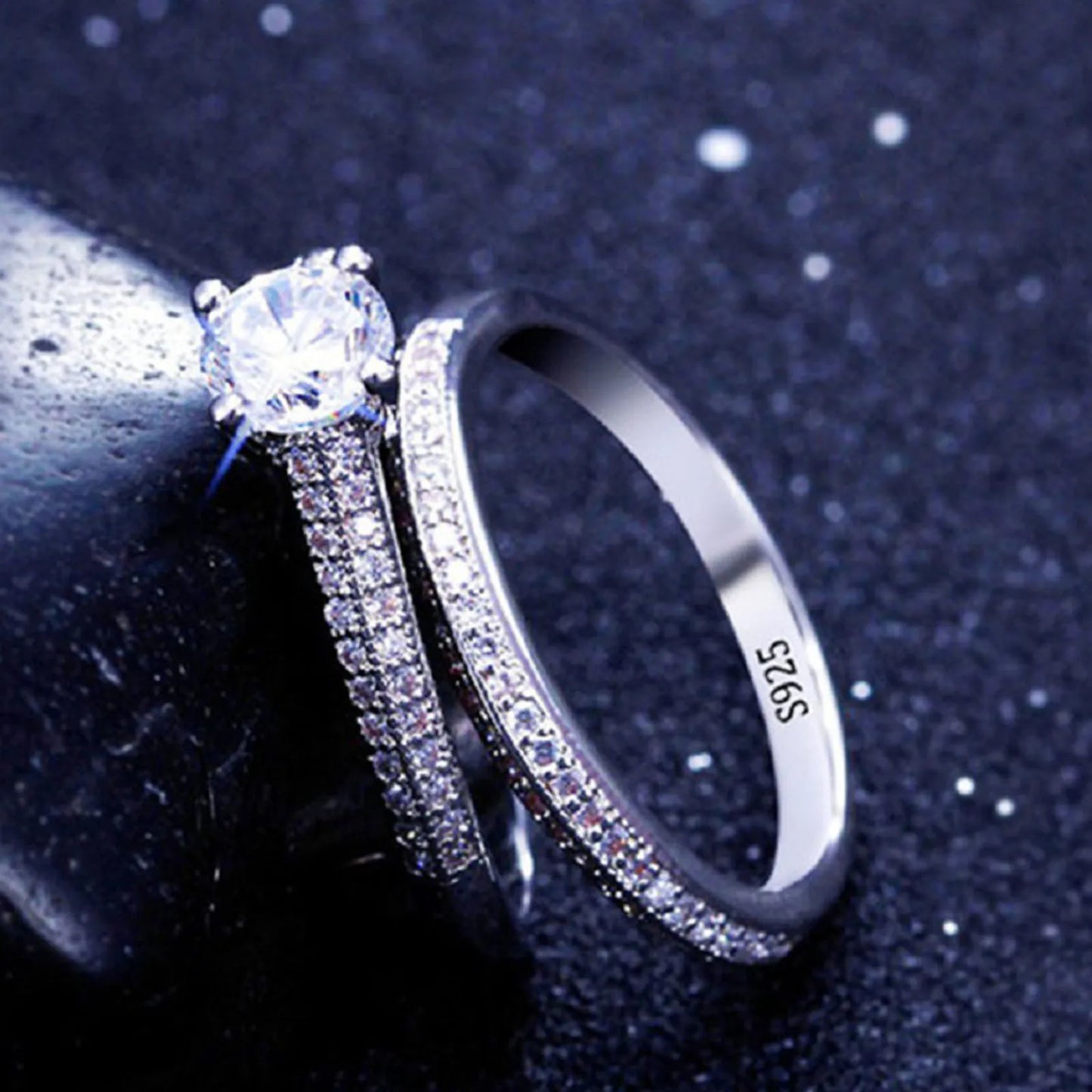 Vintage Halo Sterling Silver Ring Set - 925 Silver Wedding Anniversary Jewelry Gift for Women