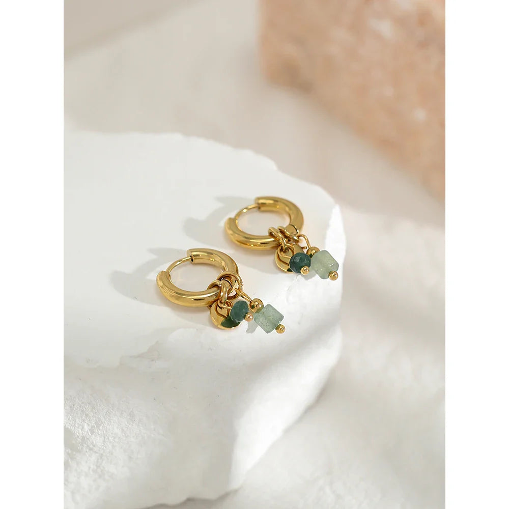 YACHAN 18K Gold-Plated Stainless Steel Hoop Earrings — Vintage Green Stone Charms, Trendy Waterproof Jewelry for Women