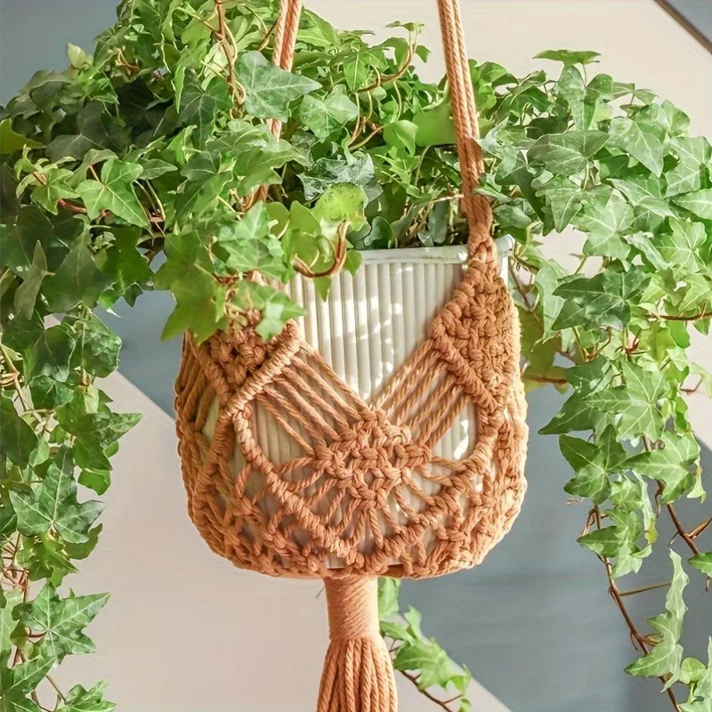 Boho Macrame Plant Hanger – Cotton Rope Woven Basket with Net Pouch for Indoor & Outdoor Hanging Succulents