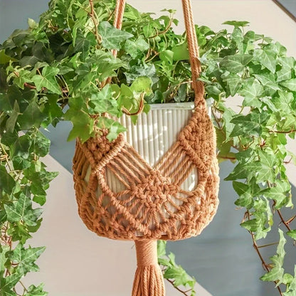 Boho Macrame Plant Hanger – Cotton Rope Woven Basket with Net Pouch for Indoor & Outdoor Hanging Succulents