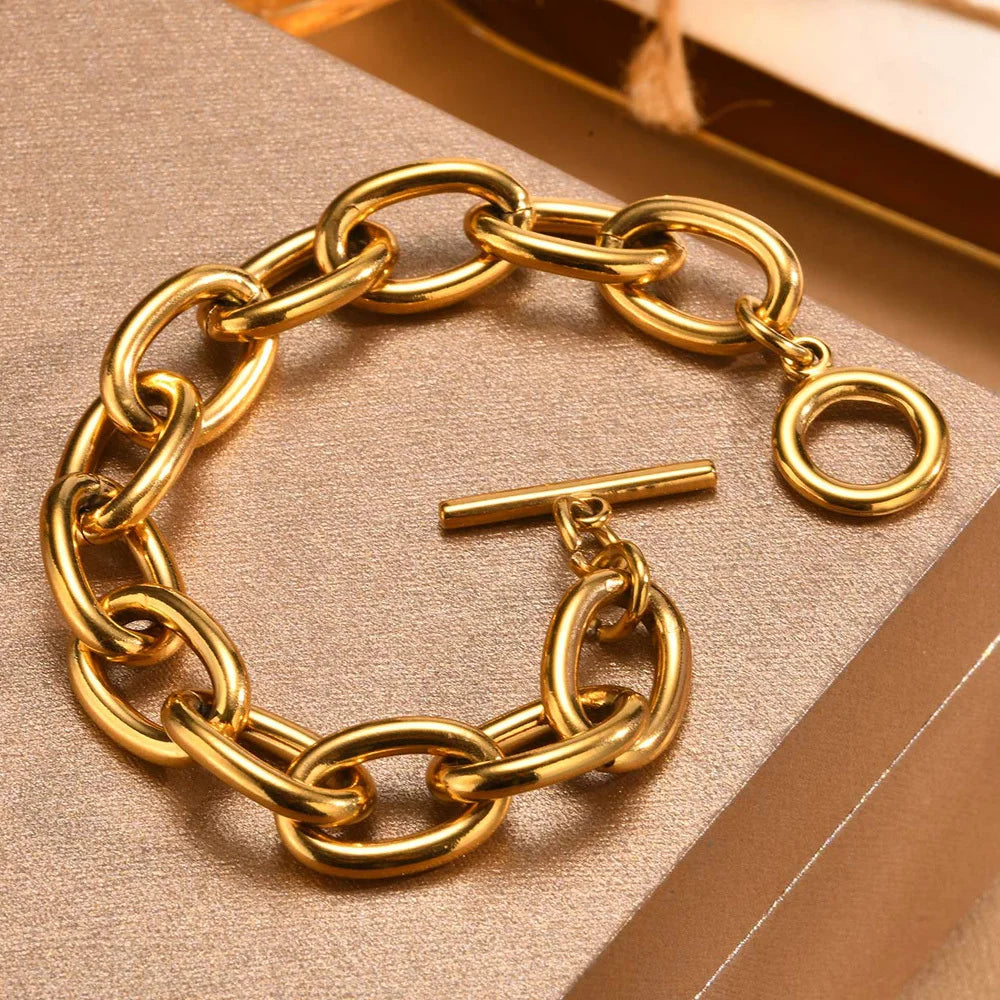Women’s Chunky Gold Toggle Chain Bracelet – Stainless Steel OT Buckle Link Bracelet, Tarnish-Free Bold Fashion Jewelry
