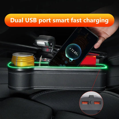 Car Crevice Storage Box with 2 USB Charger – LED Seat Gap Organizer, Phone, Bottle, and Cup Holder