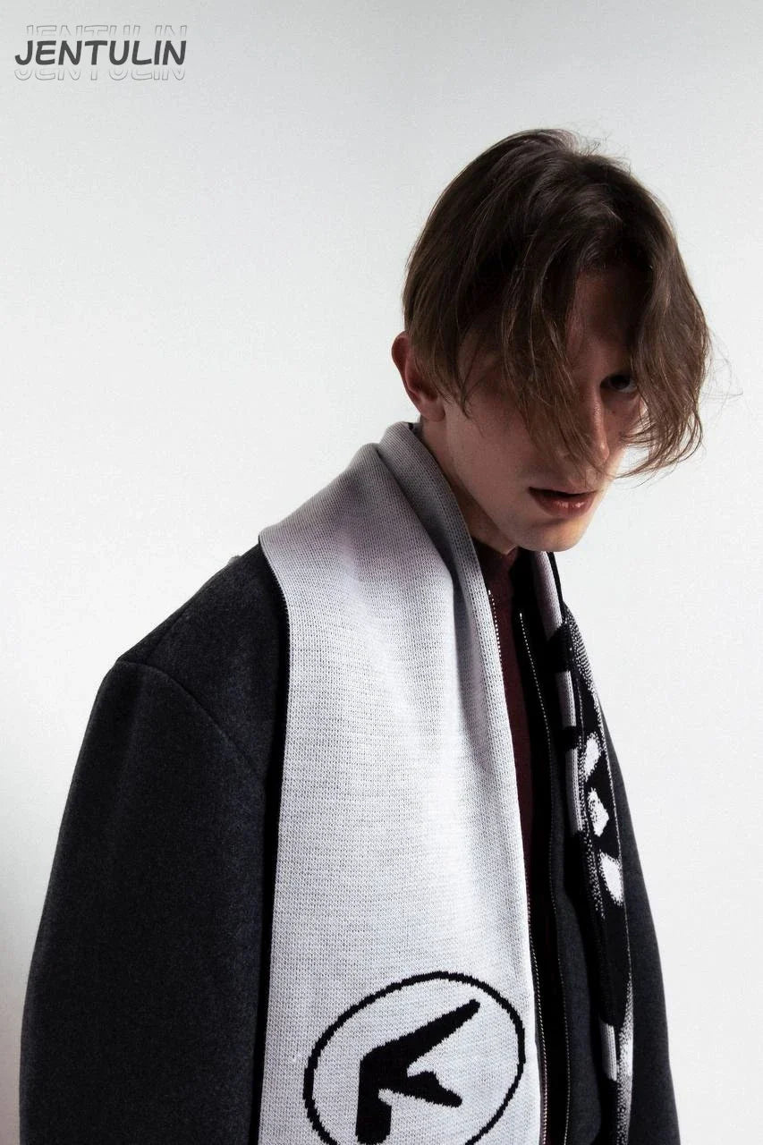 Men’s Y2K Black Knitted Scarf — Aphex Twin Goth Harajuku Streetwear Winter Shawl Unisex