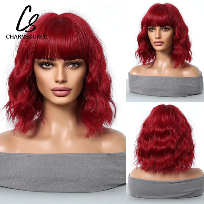 CharmSource Pink BOBO Short Synthetic Wig – Natural Wavy Heat Resistant Hair Wig for Women, Party & Daily Wear