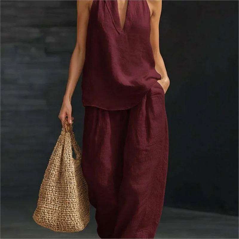 Women’s 2-Piece Summer Outfit – Halter Neck V-Neck Sleeveless Top & Loose Trousers Casual Matching Set