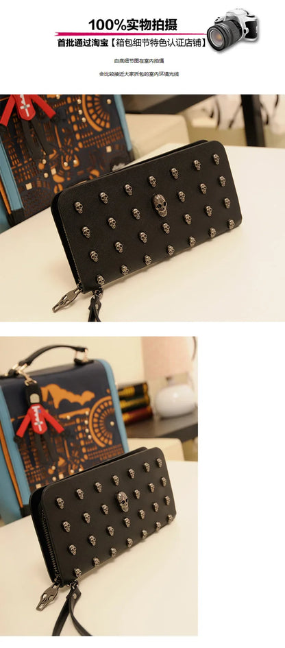 Women's Gothic Skull Head Long Wallet – Black Handheld Mobile Wallet with Wrist Strap & Card Clip