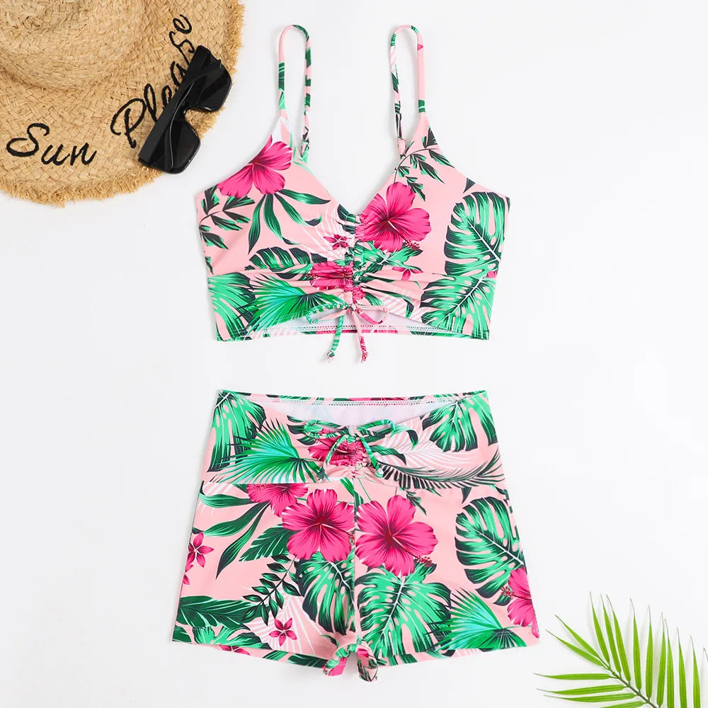 2025 Women’s High Waist Floral Bikini – Push-Up Swimsuit with Printed Boxers, Swim Trunks & Bathing Suit