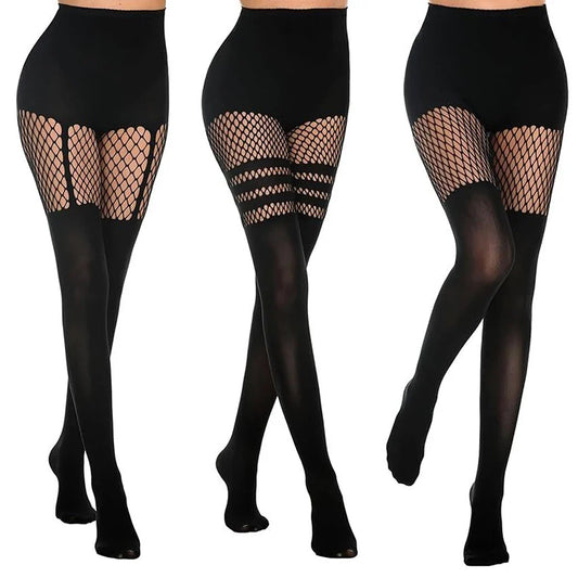 Black Hollow-Out Fishnet Pantyhose – Sexy Suspender Tights for Women, Nightclub & Dance Socks