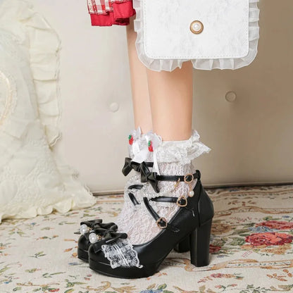 Women’s Cross Strap Mary Jane High Heels – Party, Wedding, Cosplay Lolita Pumps in White, Pink, Black, Strawberry Bow 2025