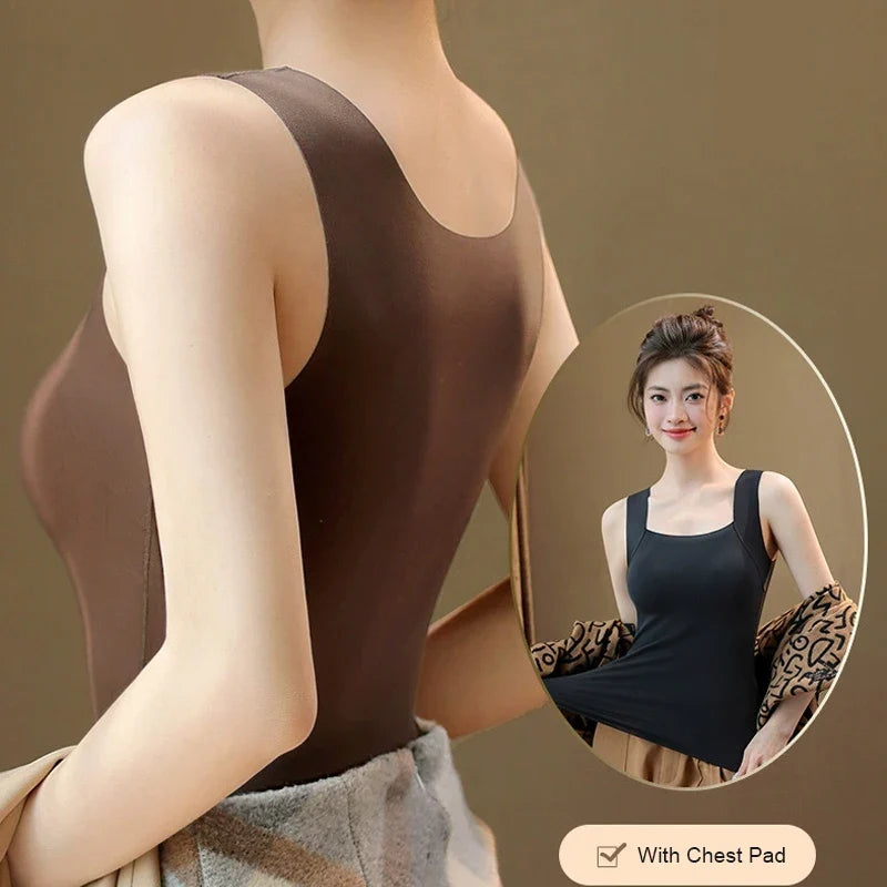 Women’s Plus Size Thermal Vest with Built-In Bra - Seamless Square Neck Skin-Friendly Shaping Tank Top