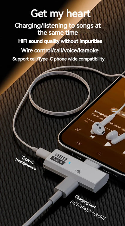 100W USB-C OTG Adapter – Type-C Converter for Fast Charging & 10Gbps Data Transfer, Compatible with Phone, Tablet, MacBook & Earphones