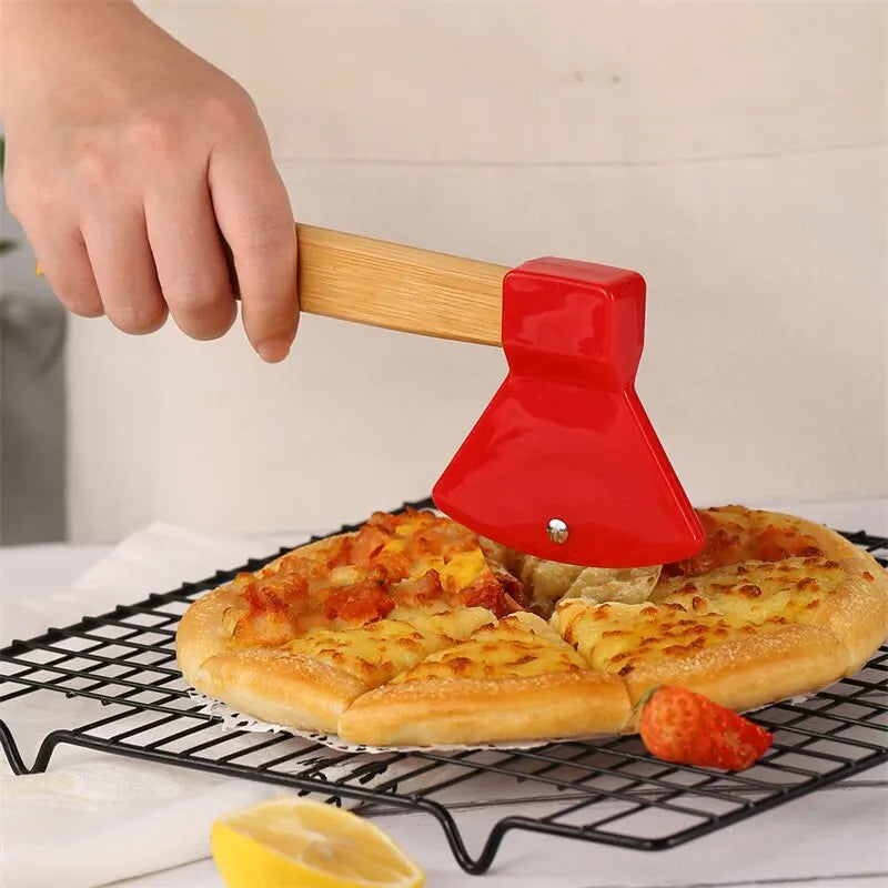 1Pcs Axe-Shaped Stainless Steel Pizza Cutter Wheel - Bamboo Handled Pizza Knife with Rotating Blades - Slicer Roll