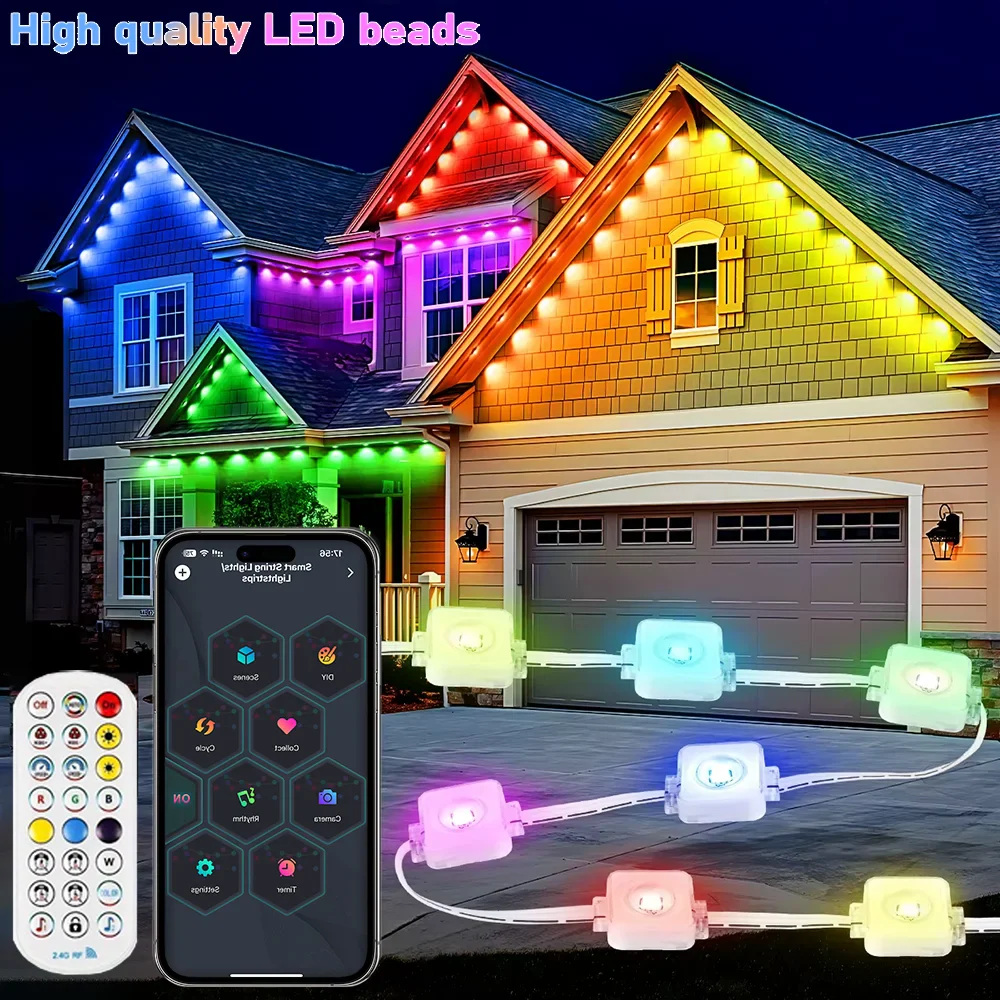 196FT/147FT/98FT/49FT RGB+IC Waterproof String Lights – Permanent Outdoor Smart Christmas & Holiday Decoration Lights