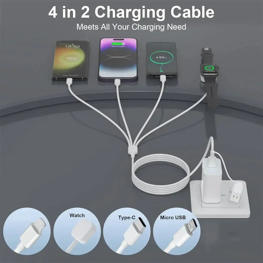4-in-2 Multi Charging Cable for iPhone 15, Type-C, Micro USB – Wireless Charger for Apple Watch Ultra SE/9/8/7/6/5/4