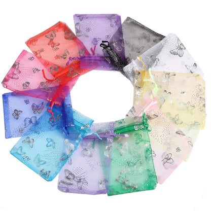 25/50pcs Butterfly Organza Gift Bags - 12 Colors, 7x9cm, 9x12cm, 13x18cm, Jewelry and Candy Packaging Drawstring Pouches