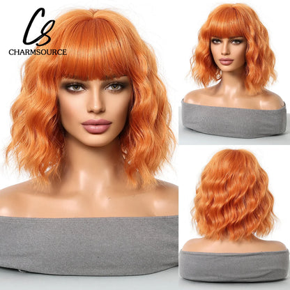 CharmSource Pink BOBO Short Synthetic Wig – Natural Wavy Heat Resistant Hair Wig for Women, Party & Daily Wear