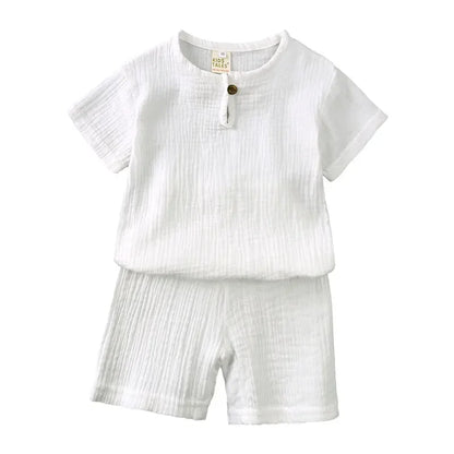 Cotton Linen Kids Summer Outfit – Solid Color Short Sleeve Tops & Shorts for Boys & Girls (Ages 2-7)