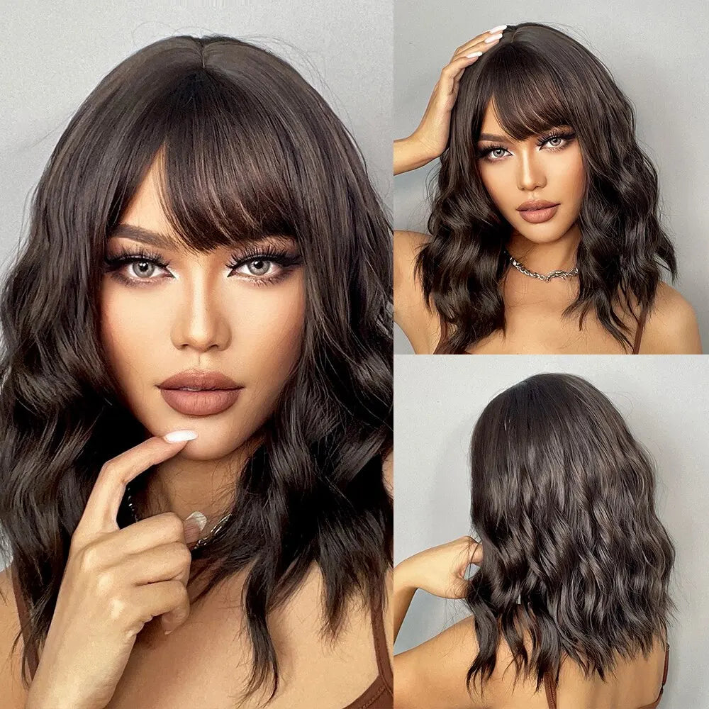 Women’s Grey Wavy Bob Wig with Bangs — Short Blonde Ombre Synthetic Hair with Dark Roots for Daily Wear