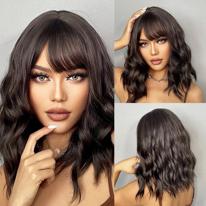 Women’s Grey Wavy Bob Wig with Bangs — Short Blonde Ombre Synthetic Hair with Dark Roots for Daily Wear