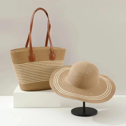 French Style Straw Handbag & Summer Beach Hat Set – Woven Bucket Bag with Fine Stripes