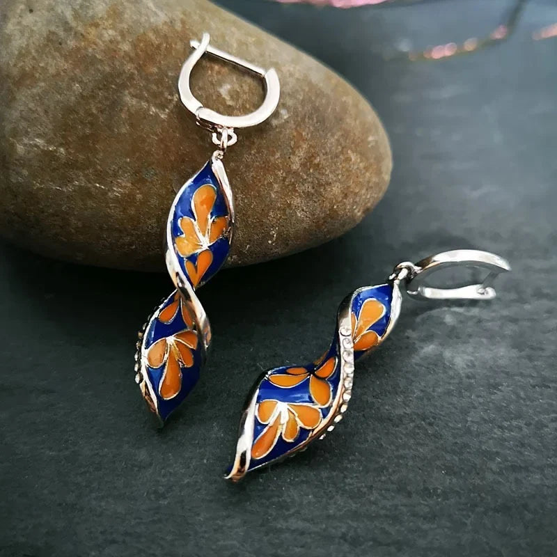 Spiral Leaf Enamel Pendant Earrings - Elegant Flower Pattern Long Dangle Fashion Jewelry Gift