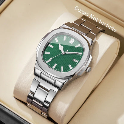 Luxury Men’s Business Watch - Square Dial Stainless Steel Quartz Watch with Calendar