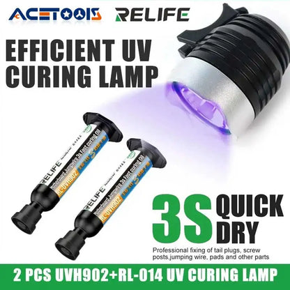 2PCS RELIFE RL-UVH902 UV 3S Quick-Drying Solder Mask Ink 10ML with RL-014 UV Curing Light for Mobile Phone Repair