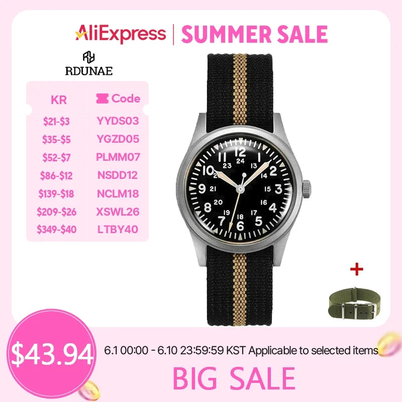 RDUNAE RA03 Military Men’s Watch - 34.5mm Vintage Quartz Wristwatch with Miyota 2035 Movement & Stainless Steel Case