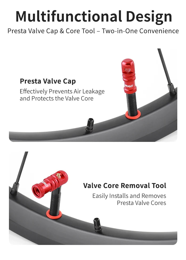 MUQZI 2/4PCS Presta Valve Caps with Core Remover — MTB Tubeless Tire Valve Stem Accessories
