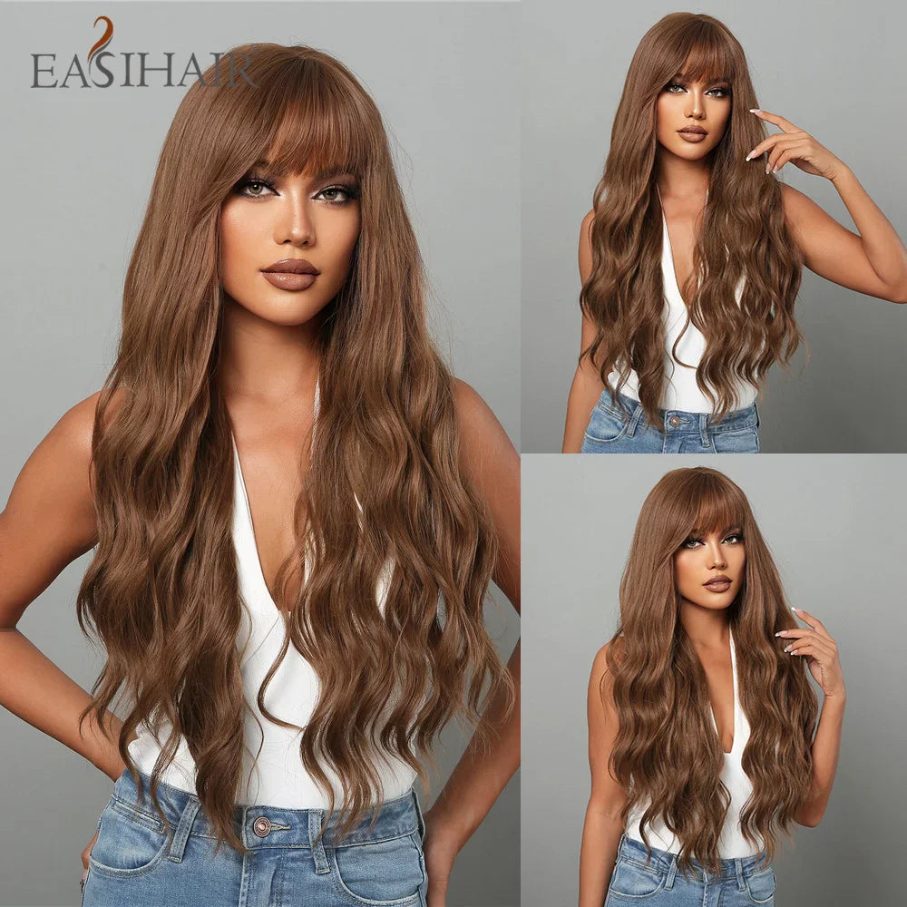 Light Green Long Wavy Synthetic Wig with Bangs – Blackish Green Cosplay & Lolita Style, Heat-Resistant for Women